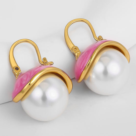 Cercei din Aliaj Placat cu Aur ( 10 grame ) cu Perlă de cristal și Email