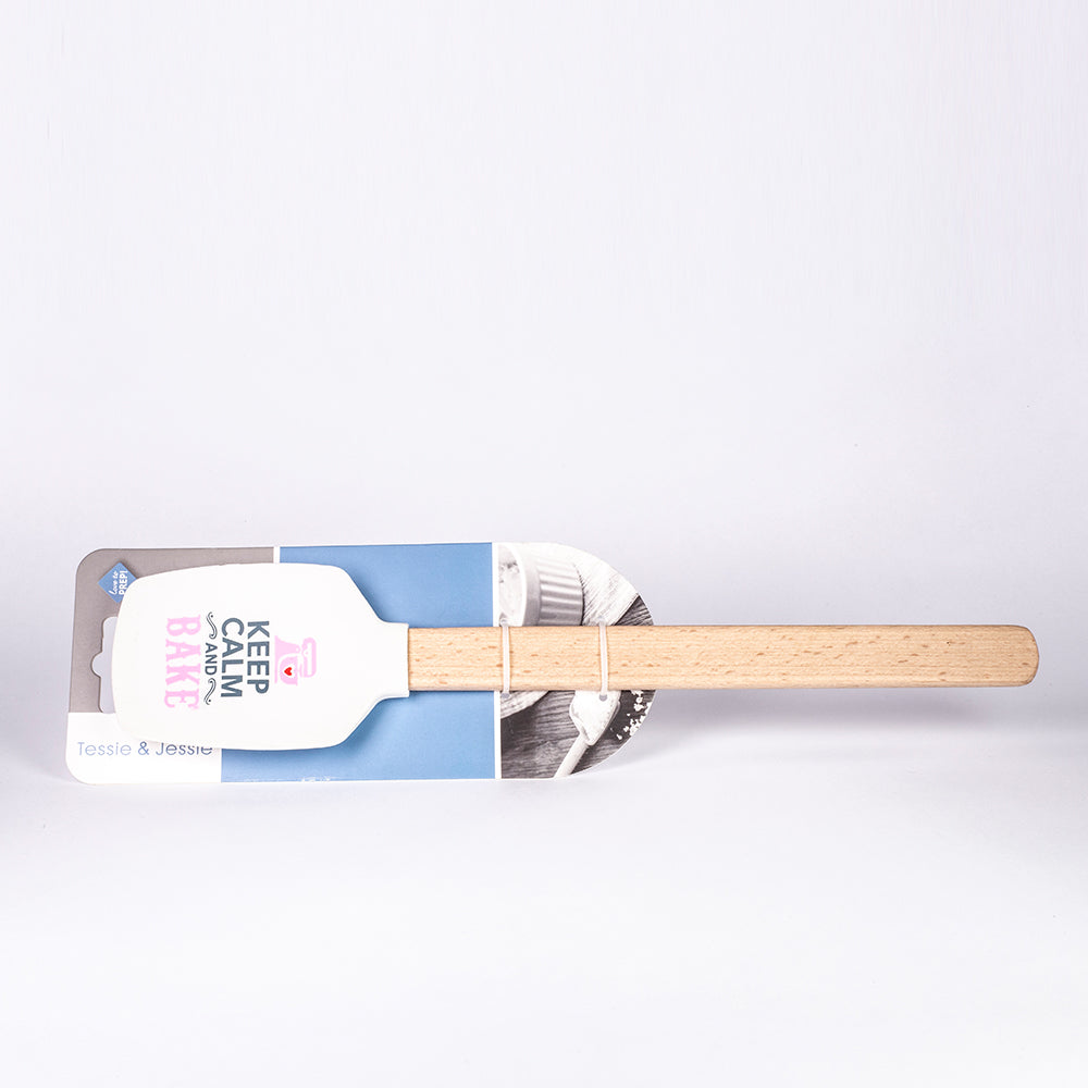 Spatulă "Keep Calm and Bake" cu mâner din lemn și capăt dreptunghiular