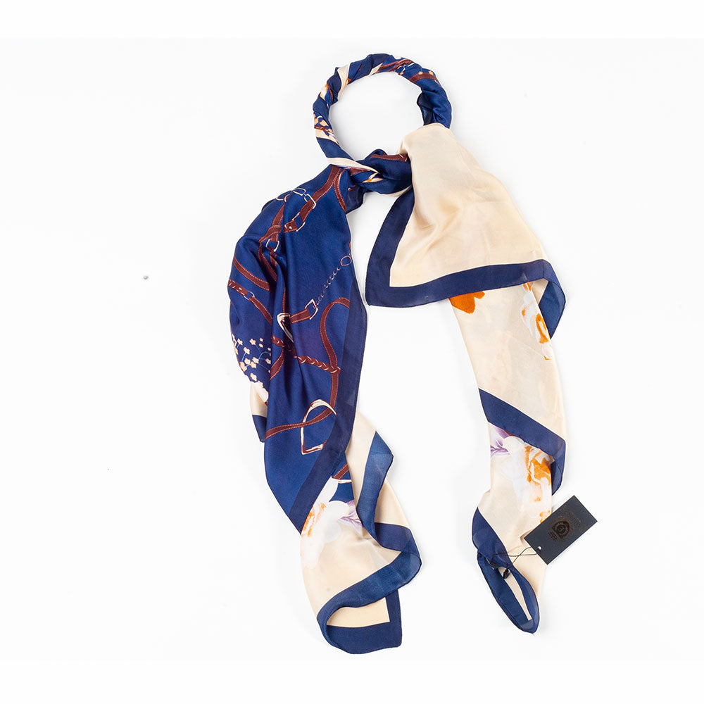 Eșarfă „Îmbrățișare florală”, 85 x 180 cm, albastră, 100% mătase vegană