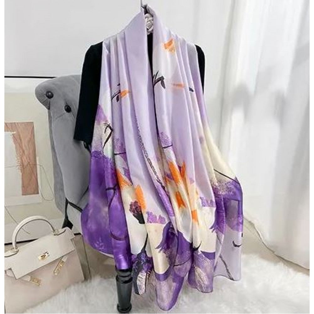 Eșarfă cu model ”Lotus nocturn”, Violet, 85 cm x 180 cm, 100% Mătase Vegană