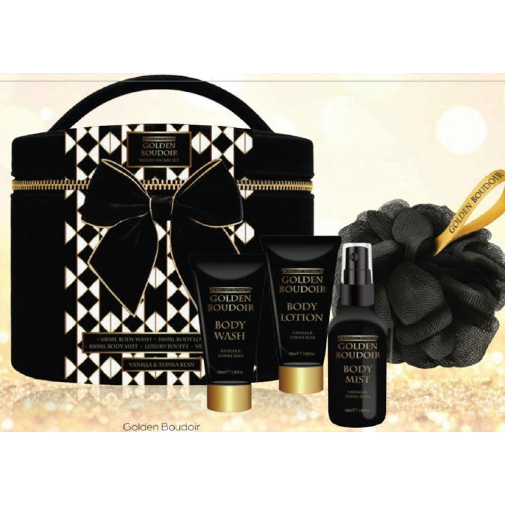 Golden Boudoir Velvet Escape - Set cadou de îngrijire corporală de lux, cu parfum de vanilie și boabe de tonka.