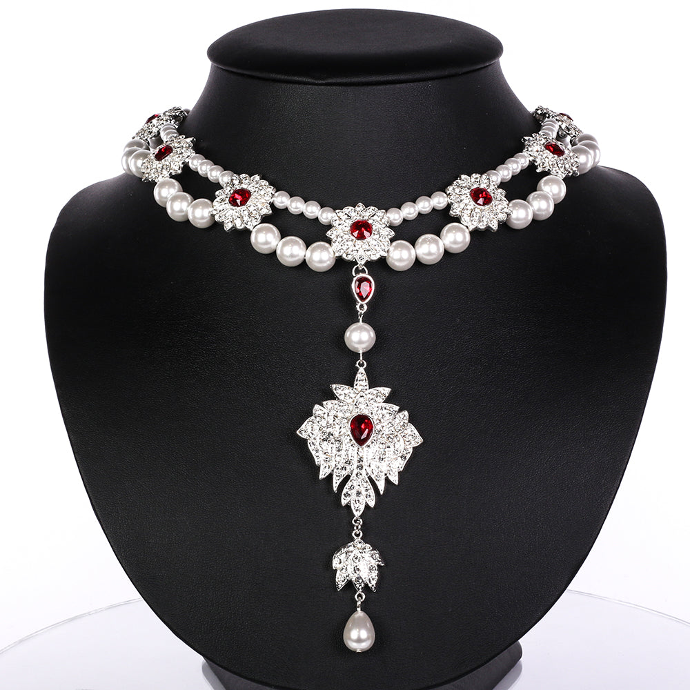 Set din Aliaj Placat cu Aur ( 152.46 grame ) cu Perlă de cristal și Cristal Alb Emporia® ( Colier+Cercei )