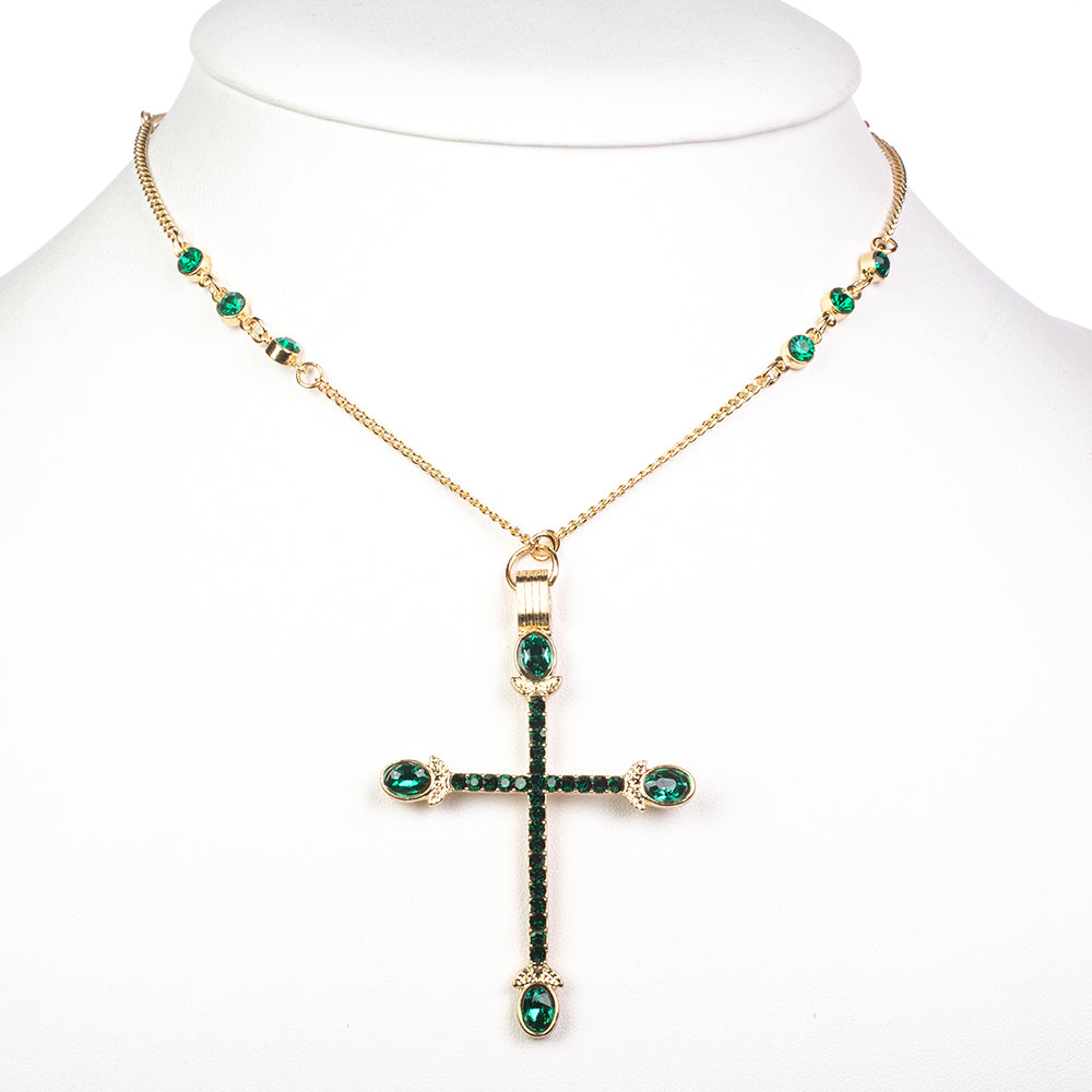Cruce Colier din Aliaj Placat cu Aur ( 10 grame ) cu Cristal Verde Emporia® 6.8 Carate ( Colier+Pandantiv )