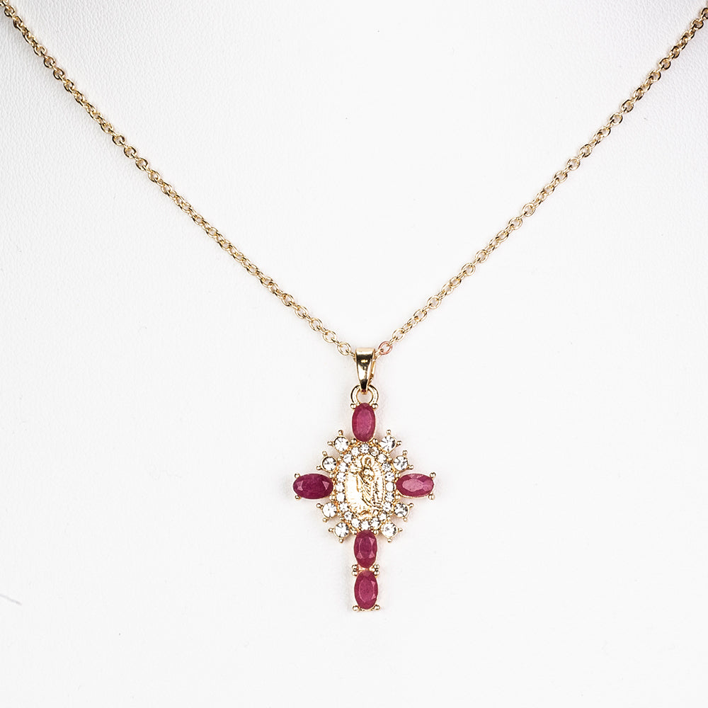 Cruce Colier din Aliaj Placat cu Aur ( 5.1 grame ) cu Rubin și Cristal Alb Emporia® 0.33 Carate ( Colier+Pandantiv )