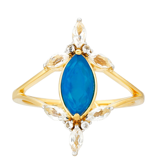 Inel din Argint 925 Placat cu Aur ( 2.32 grame ) cu Opal Albastru Etiopian Paraiba și Topaz Alb 1.24 Carate