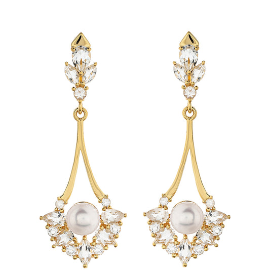 Cercei din Argint 925 Placat cu Aur ( 3.41 grame ) cu Perlă de Cultură și Topaz Alb 10.28 Carate