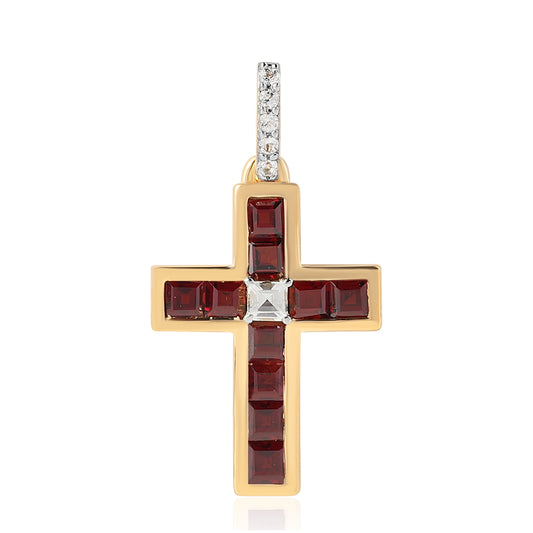 Cruce Pandantiv din Argint 925 Placat cu Aur ( 1.85 grame ) cu Granat Barton și Topaz Alb 1.31 Carate