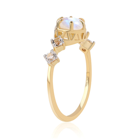 Inel din Argint 925 Placat cu Aur ( 1.87 grame ) cu Piatra Lunii Curcubeu Clasa ”AA” și Topaz Alb 2.7 Carate