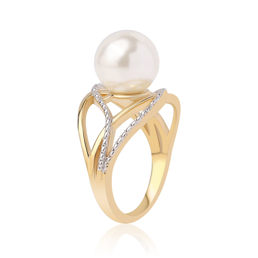 Inel din Argint 925 Placat cu Aur ( 3.57 grame ) cu Perlă de Apă Dulce Albă și Topaz Alb 7.31 Carate