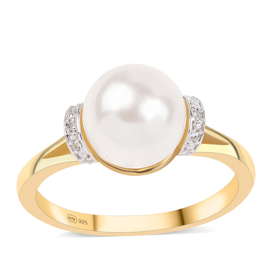 Inel din Argint 925 Placat cu Aur ( 2.62 grame ) cu Perlă de Apă Dulce Albă și Topaz Alb 7.24 Carate