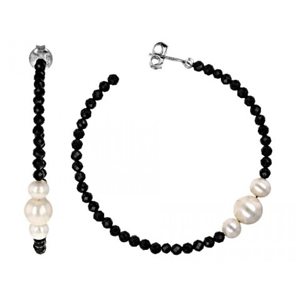 Cercei din Argint 925 Placat cu Aur ( 2.76 grame ) cu Spinel Negru și Perlă de Apă Dulce Albă 14.94 Carate