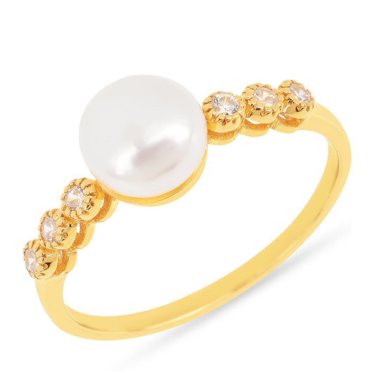 Inel din Argint 925 Placat cu Aur ( 1.57 grame ) cu Perlă de Apă Dulce Crem și Zircon Alb 2.49 Carate