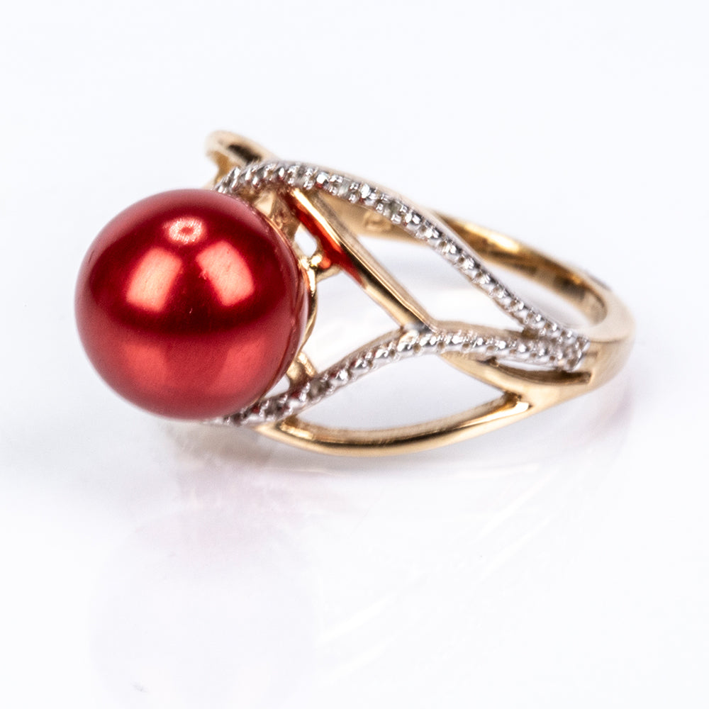 Inel din Argint 925 Placat cu Aur ( 3.62 grame ) cu Perlă de apă dulce roșie și Topaz Alb 7.5 Carate