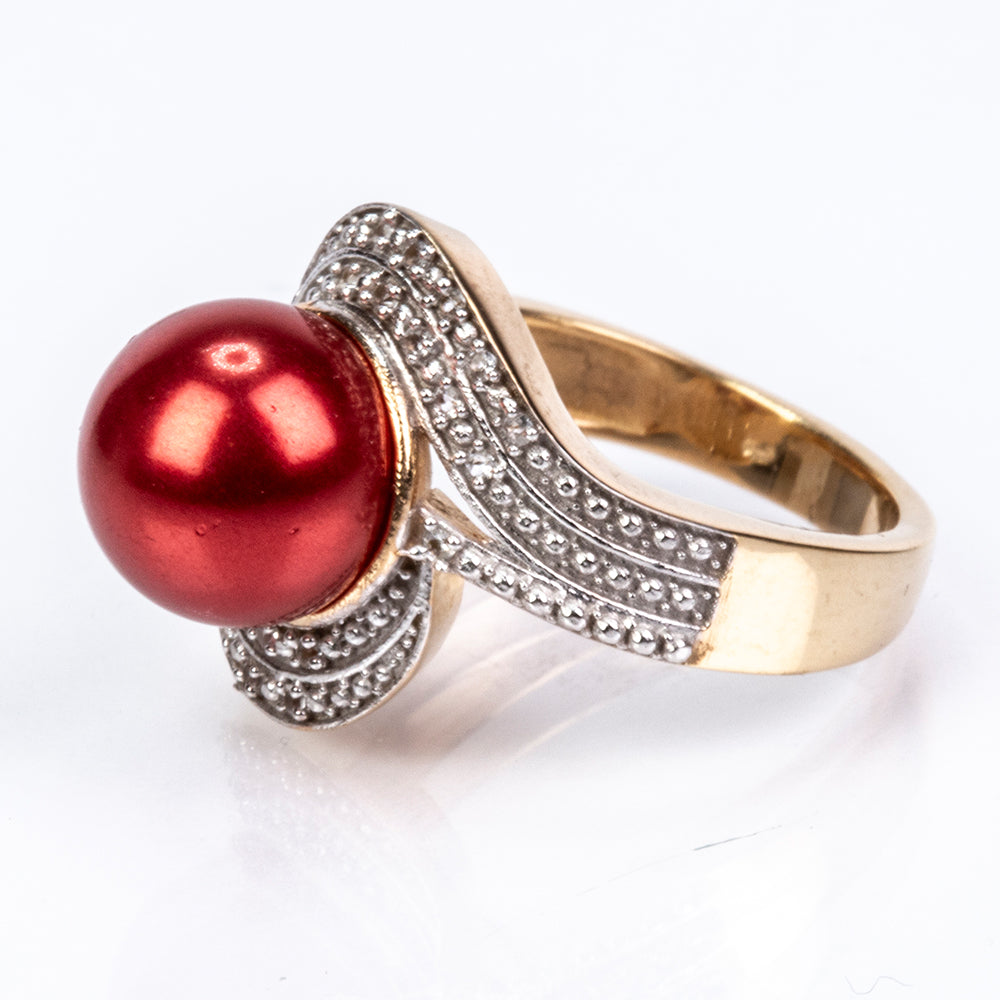 Inel din Argint 925 Placat cu Aur ( 4.99 grame ) cu Perlă de apă dulce roșie și Topaz Alb 7.49 Carate