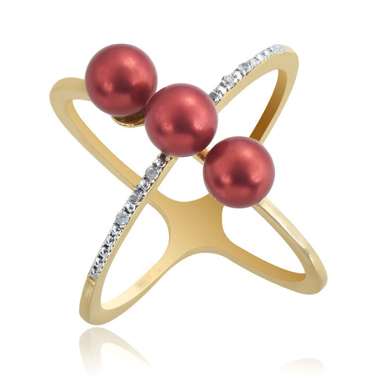 Inel din Argint 925 Placat cu Aur ( 4.22 grame ) cu Perlă de apă dulce roșie și Topaz Alb 5.72 Carate