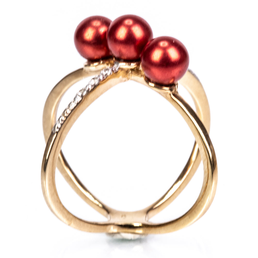 Inel din Argint 925 Placat cu Aur ( 4.22 grame ) cu Perlă de apă dulce roșie și Topaz Alb 5.72 Carate