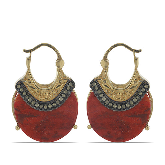 Cercei din Argint 925 Placat cu Aur ( 6.64 grame ) cu Coral Roșu Burete și Marcasit 16.03 Carate