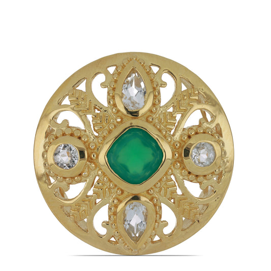 Inel din Argint 925 Placat cu Aur ( 8.54 grame ) cu Agat Verde și Topaz Alb 1.73 Carate
