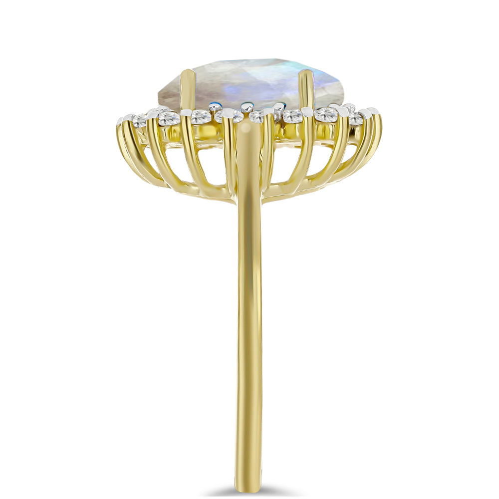 Inel din Argint 925 Placat cu Aur ( 3.52 grame ) cu Piatra Lunii Curcubeu și Topaz Alb 5.25 Carate