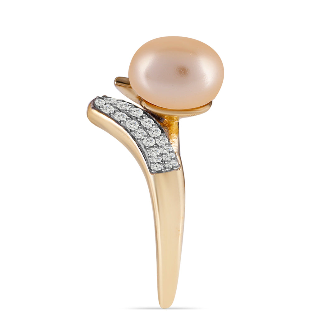 Inel din Argint 925 Placat cu Aur ( 4.25 grame ) cu Perlă de Apă Dulce culoare Aurie și Topaz Alb 4.93 Carate