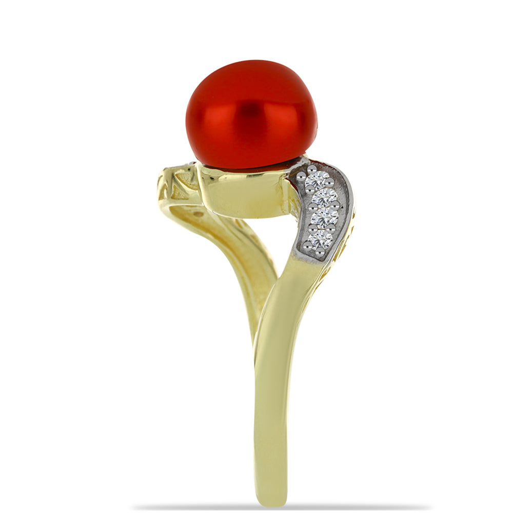 Inel din Argint 925 Placat cu Aur ( 2.57 grame ) cu Perlă de apă dulce roșie și Topaz Alb 2.64 Carate