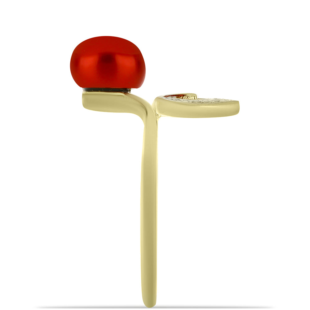 Inel din Argint 925 Placat cu Aur ( 2.55 grame ) cu Perlă de apă dulce roșie și Topaz Alb 2.61 Carate