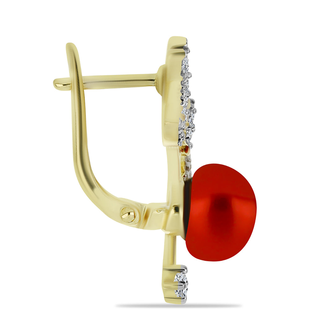 Cercei din Argint 925 Placat cu Aur ( 4.25 grame ) cu Perlă de apă dulce roșie și Topaz Alb 5.38 Carate