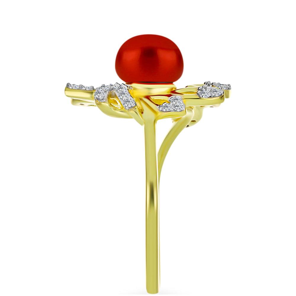 Inel din Argint 925 Placat cu Aur ( 3.93 grame ) cu Perlă de apă dulce roșie și Topaz Alb 2.83 Carate