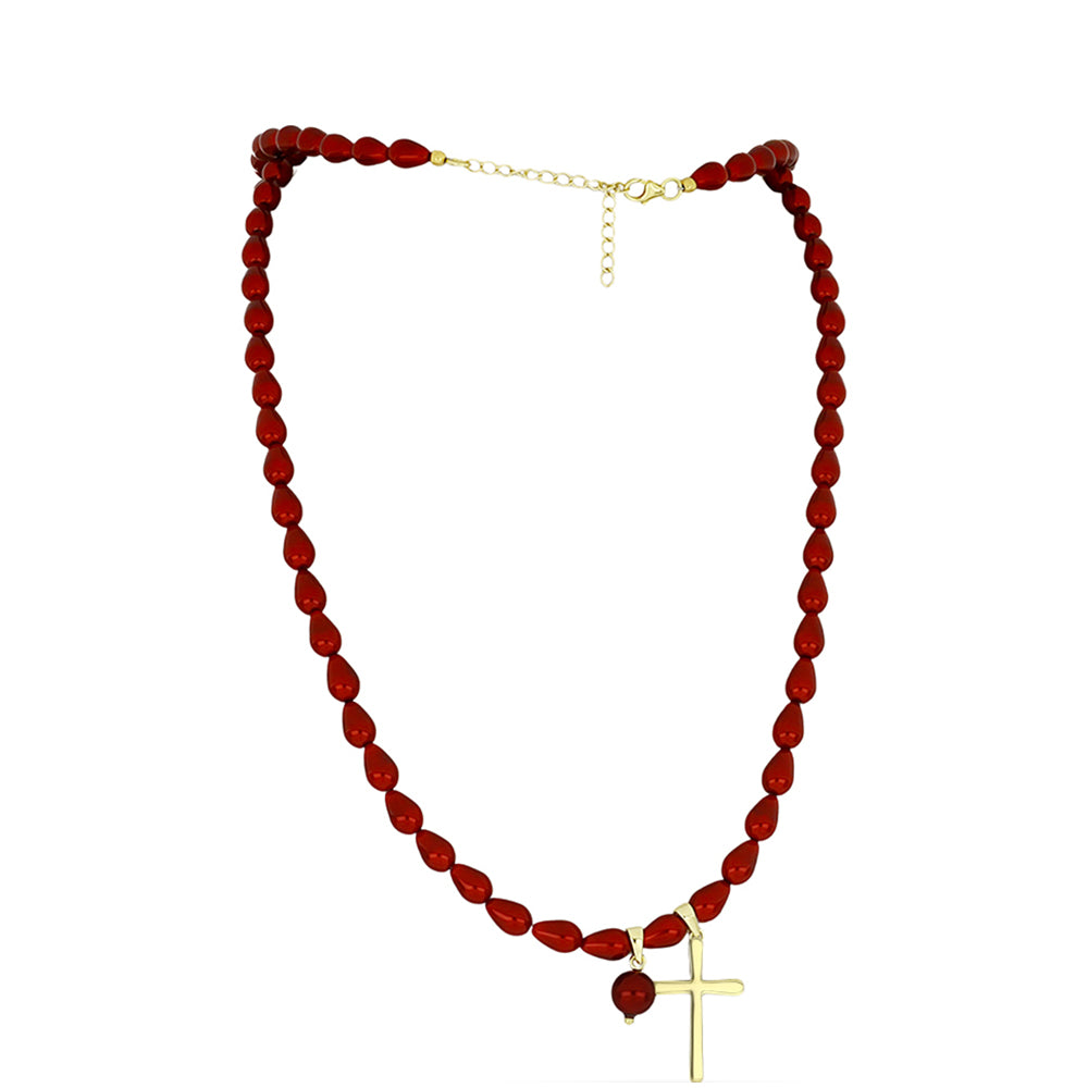 Cruce Colier din Argint 925 Placat cu Aur ( 2 grame ) cu Perlă de apă dulce roșie 100.95 Carate