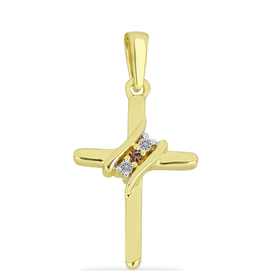 Cruce Pandantiv din Argint 925 Placat cu Aur ( 1.35 grame ) cu Diamant de culoarea Șampaniei și Diamant Alb 0.04 Carate
