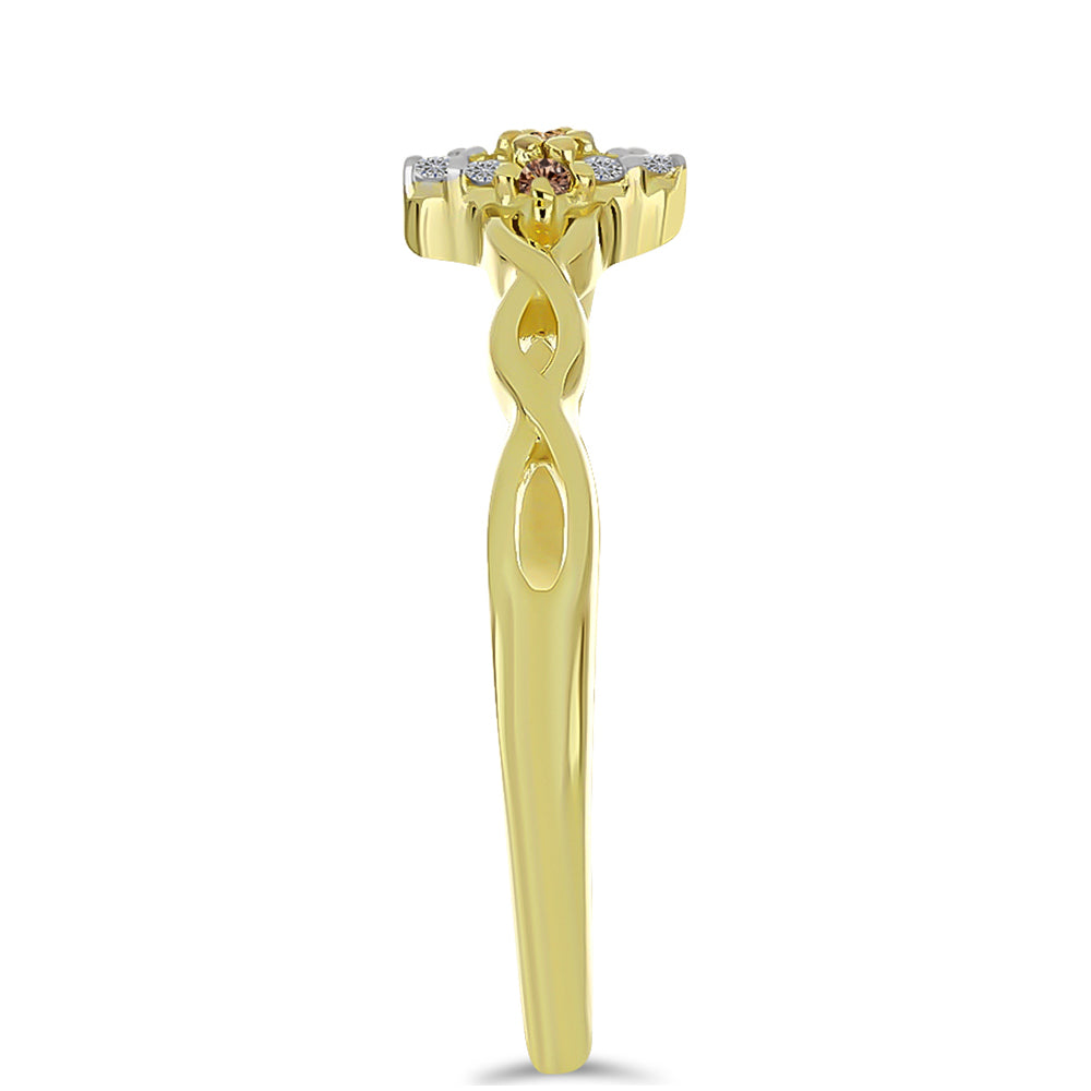 Inel din Argint 925 Placat cu Aur ( 1.77 grame ) cu Diamant de culoarea Șampaniei și Diamant Alb 0.06 Carate