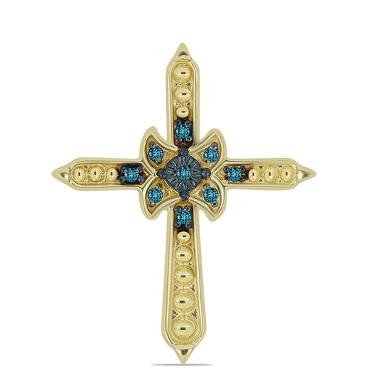 Cruce Pandantiv din Argint 925 Placat cu Aur ( 2.2 grame ) cu Diamant Albastru 0.07 Carate