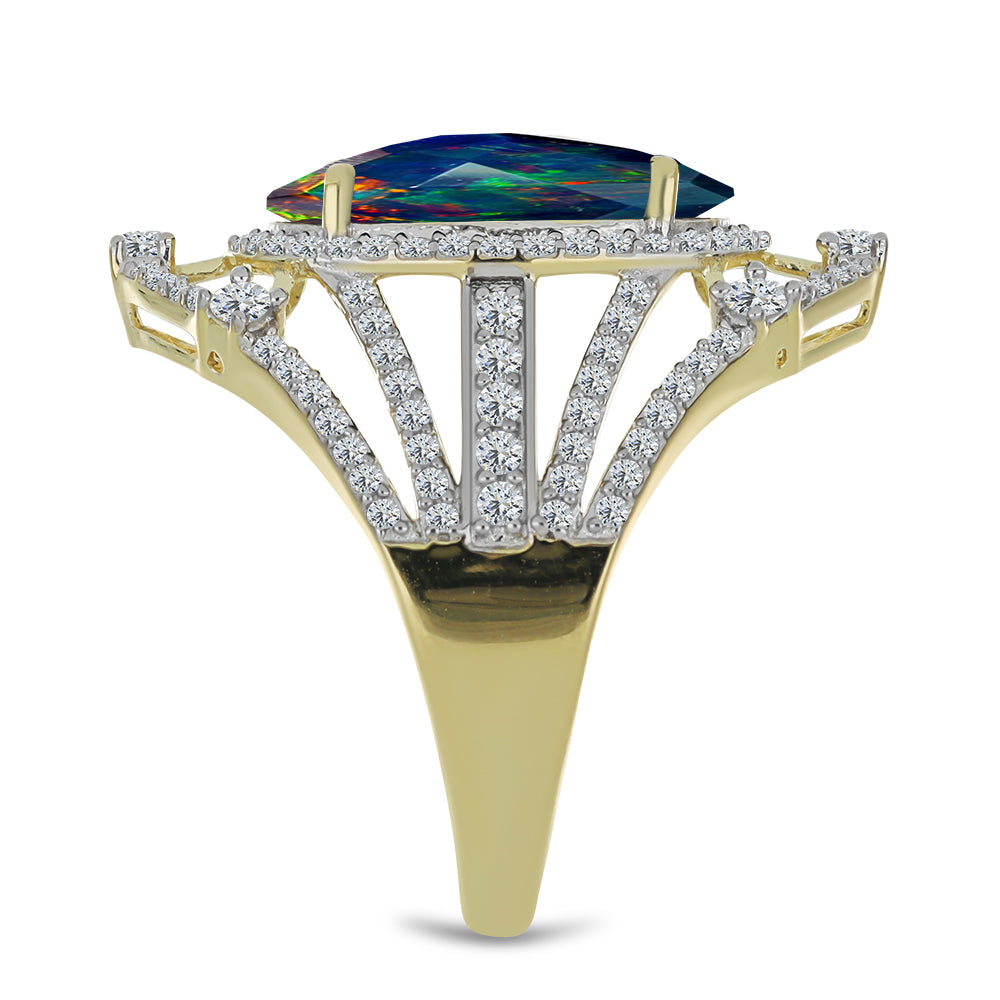 Inel din Argint 925 Placat cu Aur ( 5.46 grame ) cu Opal Etiopian Negru Lega Dembi și Topaz Alb 5.09 Carate