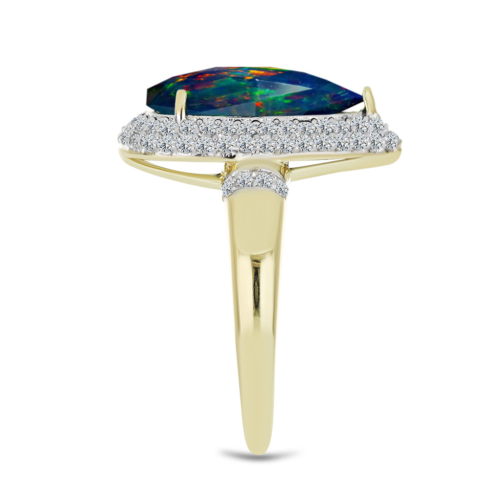 Inel din Argint 925 Placat cu Aur ( 3.73 grame ) cu Opal Etiopian Negru Lega Dembi și Topaz Alb 3.03 Carate