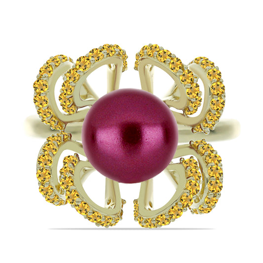 Inel din Argint 925 Placat cu Aur ( 5.92 grame ) cu Perlă de cultură Violet și Citrin Ural 5.57 Carate