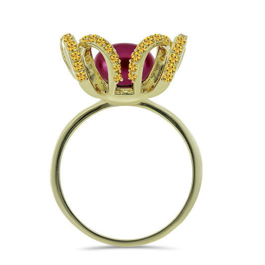 Inel din Argint 925 Placat cu Aur ( 5.92 grame ) cu Perlă de cultură Violet și Citrin Ural 5.57 Carate