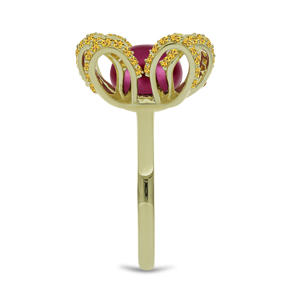 Inel din Argint 925 Placat cu Aur ( 5.92 grame ) cu Perlă de cultură Violet și Citrin Ural 5.57 Carate