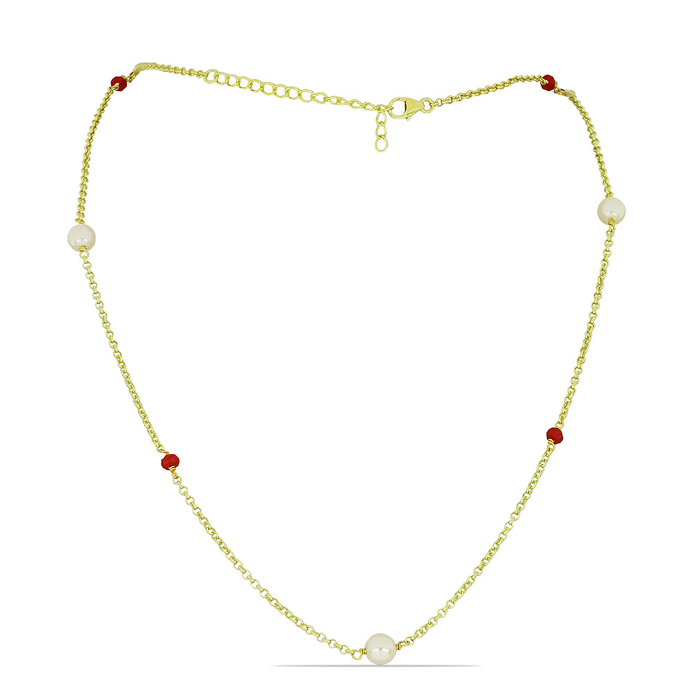 Colier din Argint 925 Placat cu Aur ( 3.71 grame ) cu Perlă de Apă Dulce Albă și Rubin Malagasy 5.65 Carate
