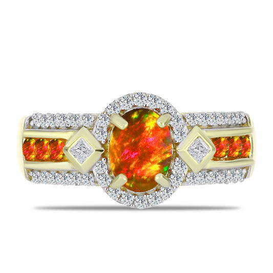 Inel din Argint 925 Placat cu Aur ( 5.02 grame ) cu Opal de Foc American și Topaz Alb 1.46 Carate
