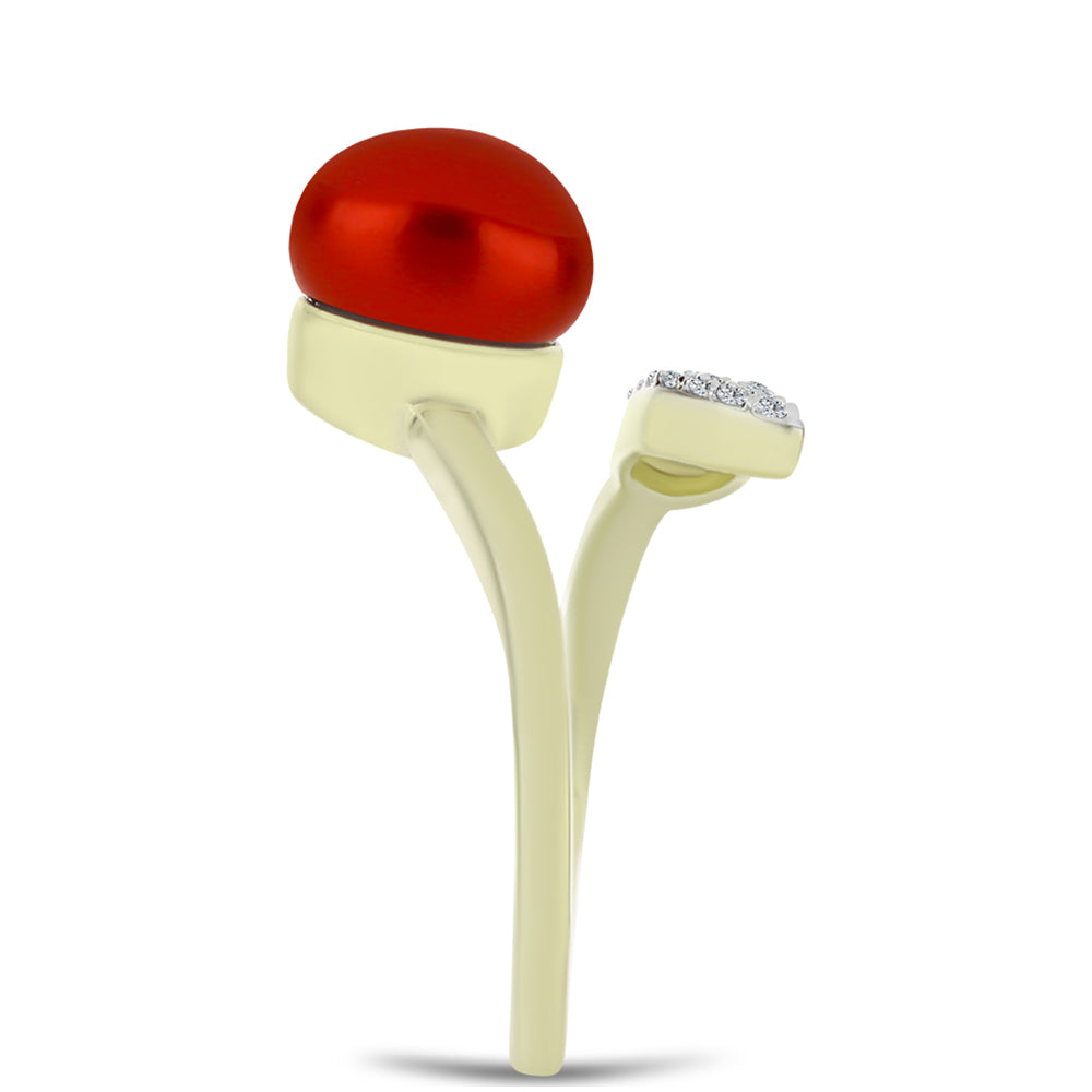 Inel din Argint 925 Placat cu Aur ( 3.23 grame ) cu Perlă de apă dulce roșie și Topaz Alb 4.48 Carate