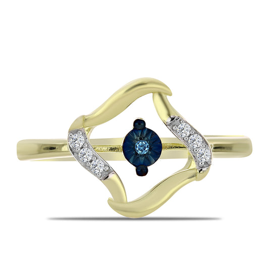 Inel din Argint 925 Placat cu Aur ( 2.3 grame ) cu Diamant Albastru Dansator și Topaz Alb 0.06 Carate
