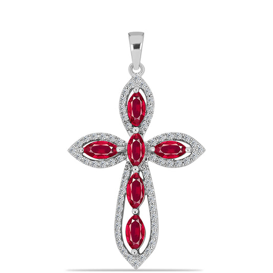 Cruce Pandantiv din Argint 925 ( 2.61 grame ) cu Rubin Malagasy și Topaz Alb 2.38 Carate