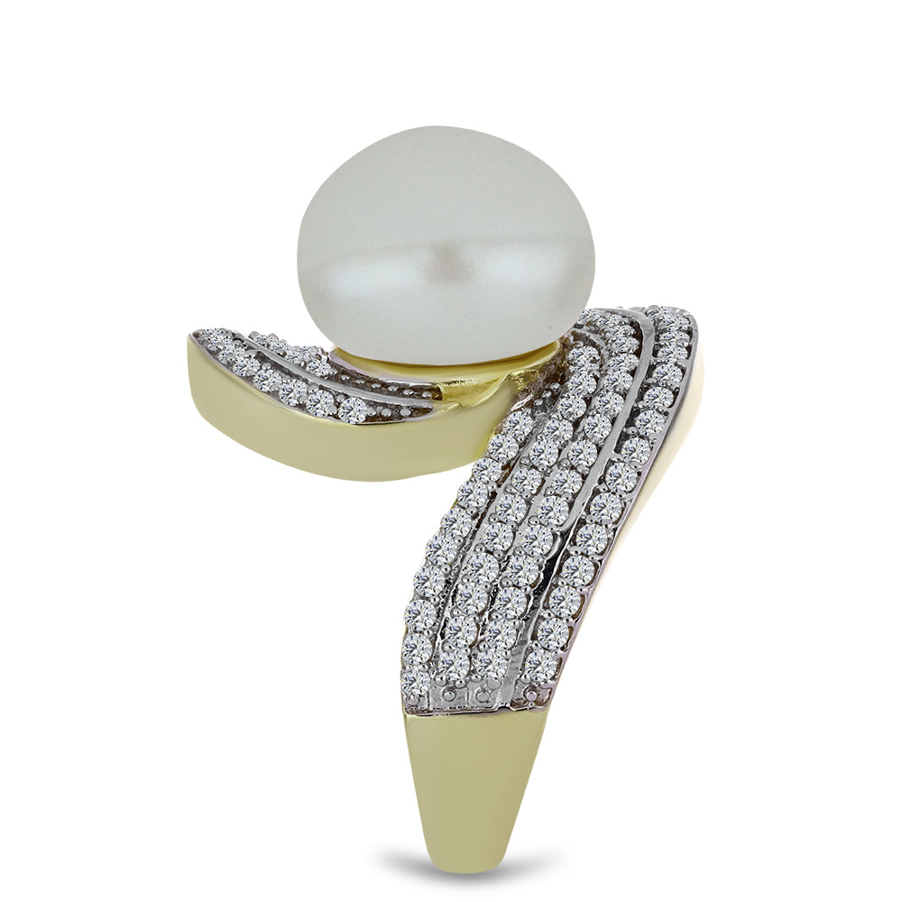 Inel din Argint 925 Placat cu Aur ( 7.04 grame ) cu Perlă de Apă Dulce Albă și Topaz Alb 11.22 Carate