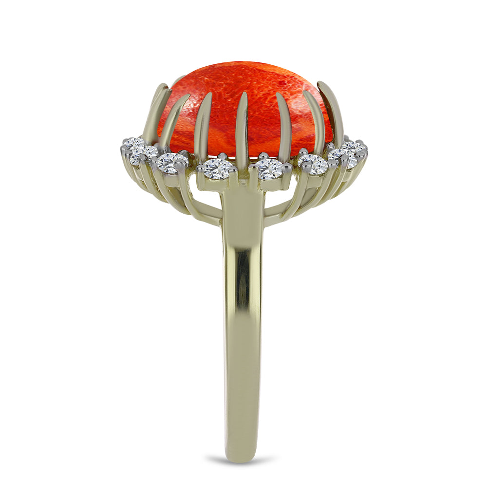 Inel din Argint 925 Placat cu Aur ( 4.25 grame ) cu Coral Roșu Burete și Topaz Alb 5.88 Carate