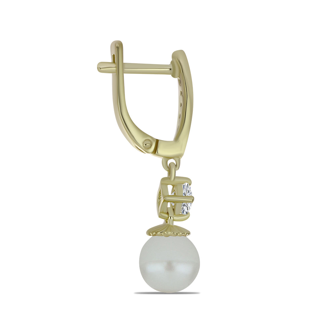 Cercei din Argint 925 Placat cu Aur ( 3.27 grame ) cu Perlă de Apă Dulce Albă și Topaz Alb 6.9 Carate