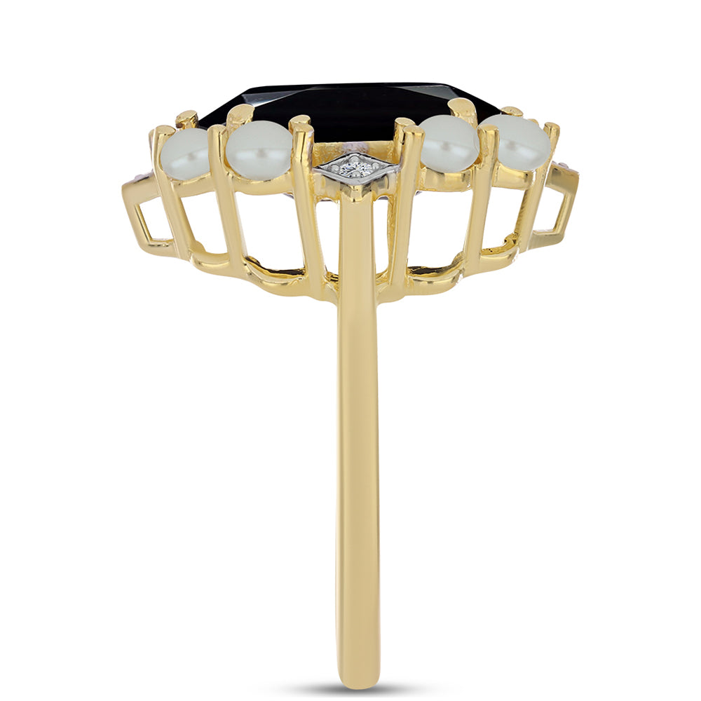 Inel din Argint 925 Placat cu Aur ( 4.25 grame ) cu Perlă De apă Dulce cu Efect "Verde Tahitian" și Onix Negru 5.47 Carate