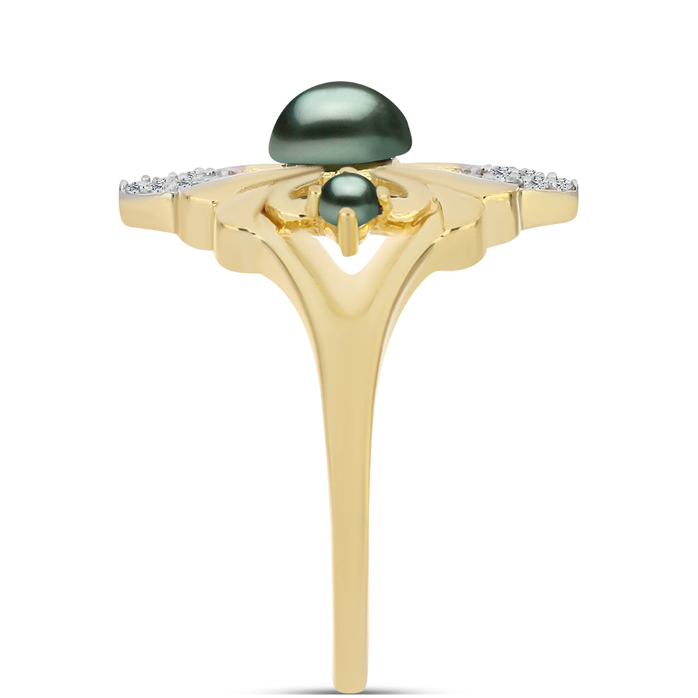 Inel din Argint 925 Placat cu Aur ( 3.56 grame ) cu Perlă De apă Dulce cu Efect "Verde Tahitian" și Topaz Alb 0.46 Carate