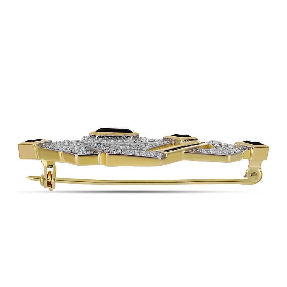 Broşă din Argint 925 Placat cu Aur ( 7.38 grame ) cu Onix Negru și Topaz Alb 3.75 Carate