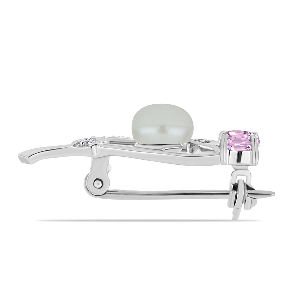 Broşă din Argint 925 ( 1.58 grame ) cu Kunzit Pala și Perlă Albă de Cultură 1.74 Carate