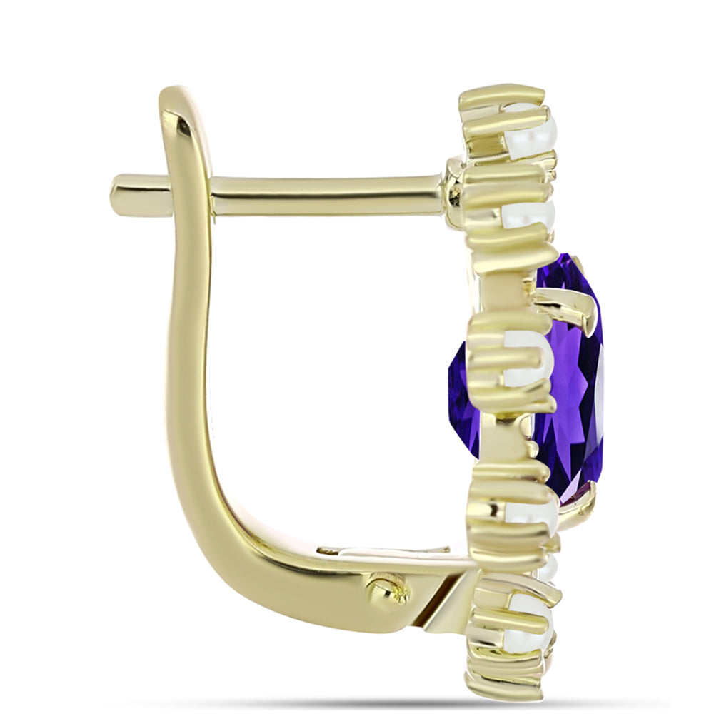 Cercei din Argint 925 Placat cu Aur ( 4.82 grame ) cu Ametist Marocan și Perlă de Apă Dulce Albă 3.11 Carate